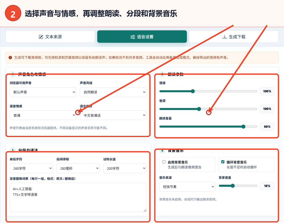 文本语音合成的语音角色、情感、朗读参数、分段设置和背景音乐选项