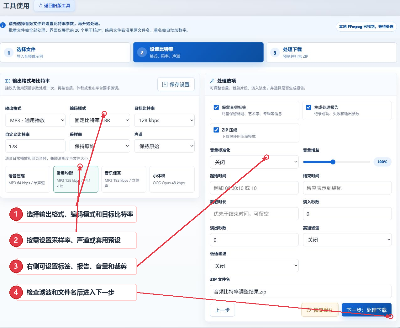 音频比特率调整工具的输出格式、比特率、采样率、声道、处理选项