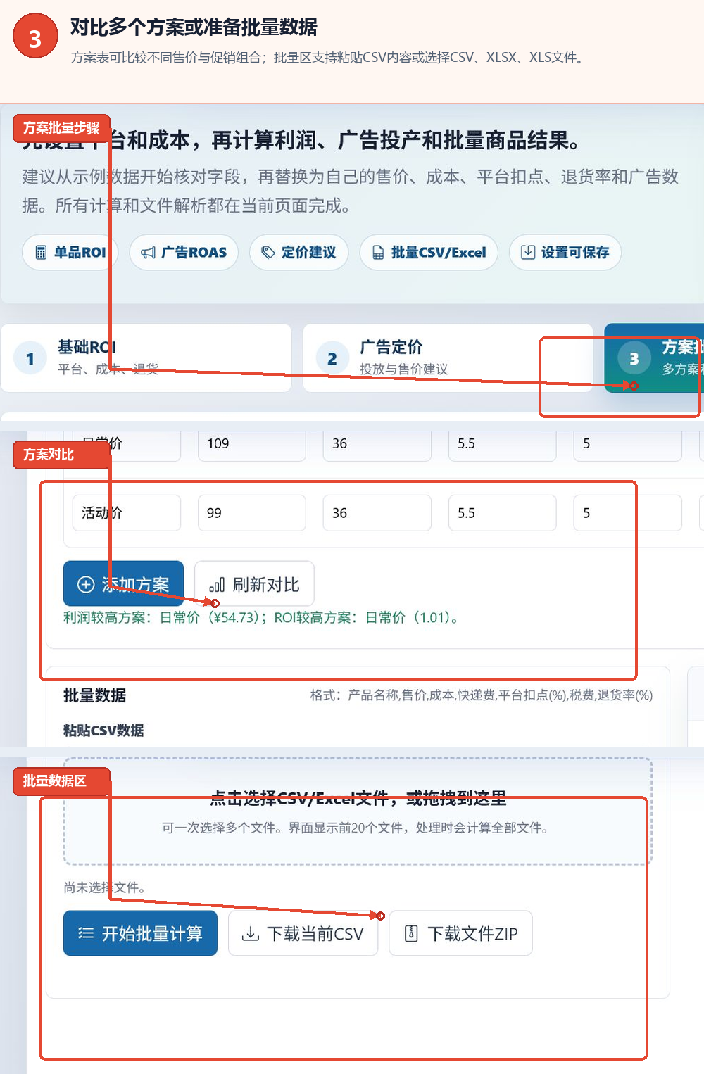 电商ROI计算工具的方案比较表、批量数据文件选择区域和开始计算按钮
