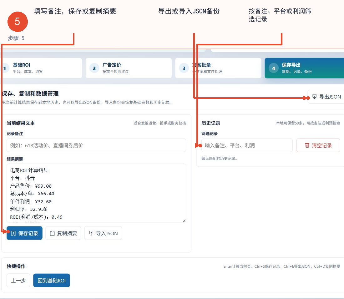 电商ROI计算器保存记录、复制摘要、筛选历史和JSON备份区域