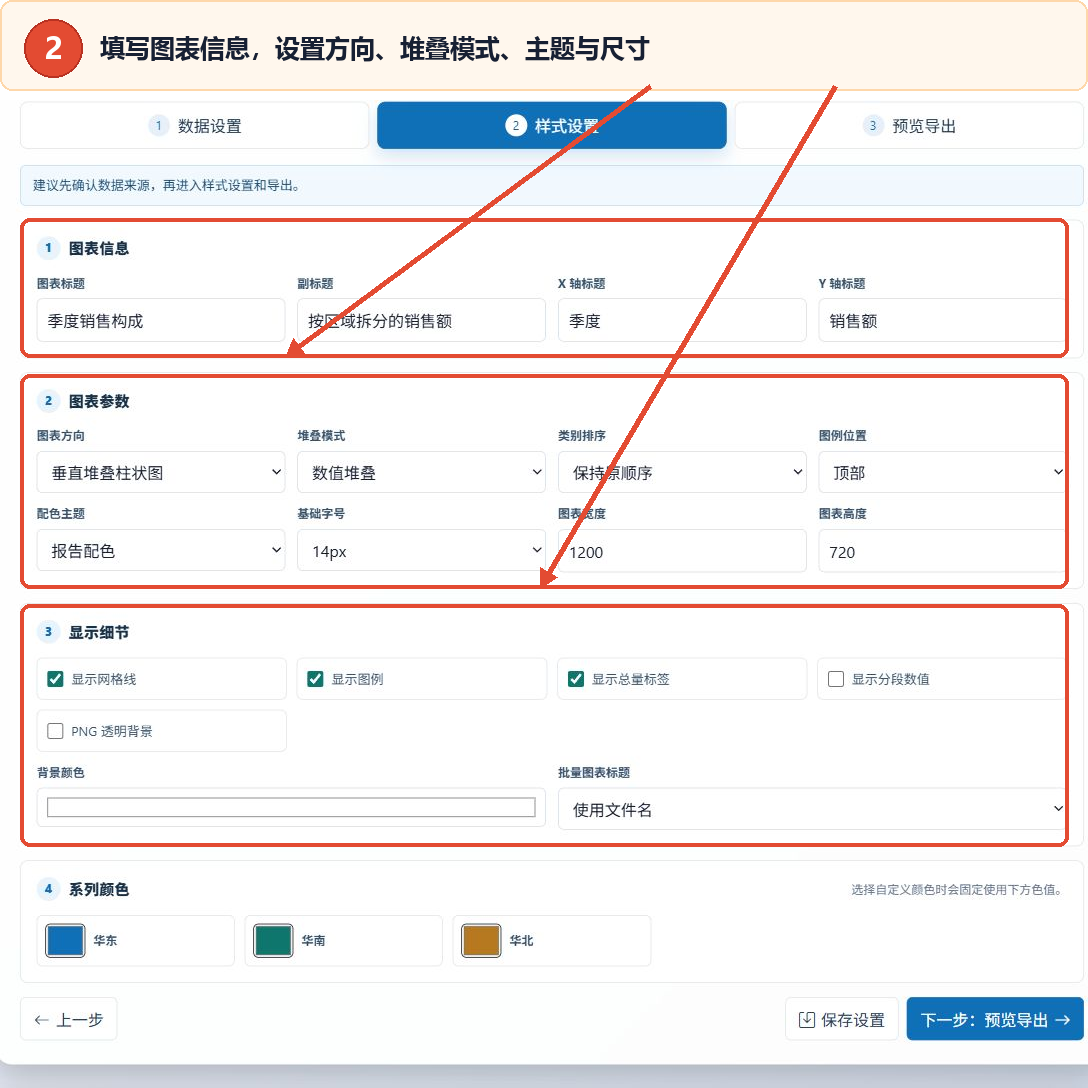 堆叠柱状图生成器的标题参数样式设置和系列颜色区域