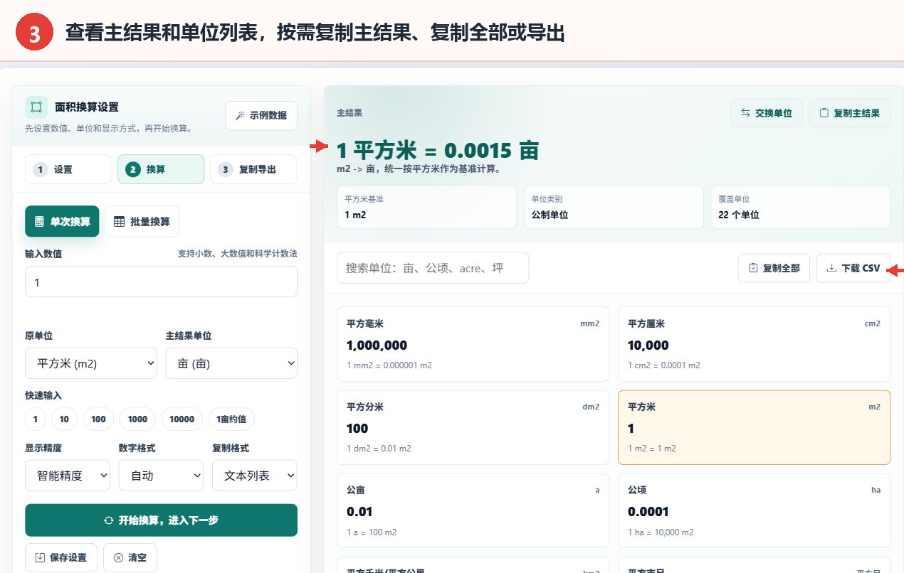 面积单位转换器的主结果、全部单位列表、复制和CSV导出控件