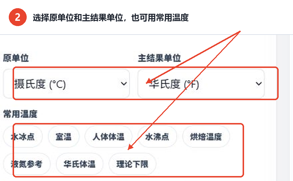 温度转换器的原单位、主结果单位和常用温度按钮