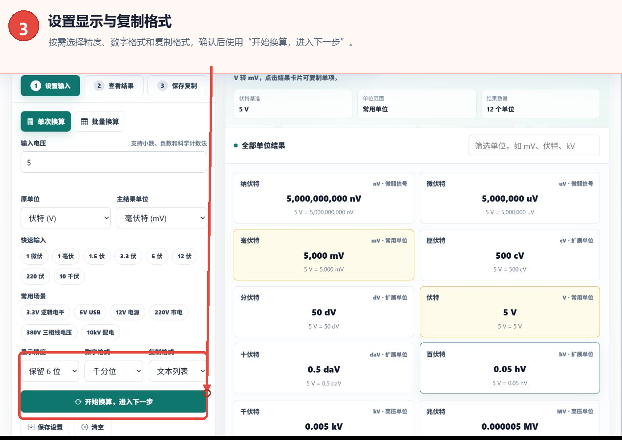 电压转换器的显示精度数字格式复制格式和开始换算按钮