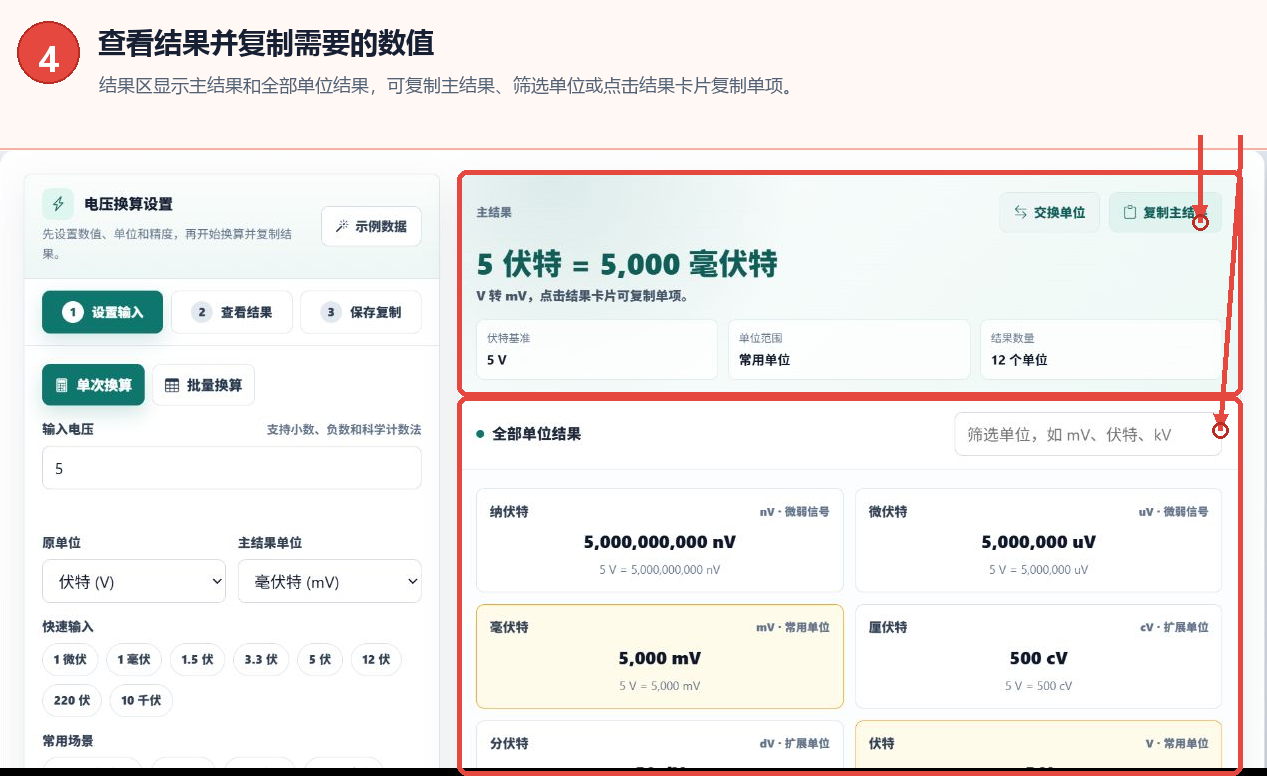 电压转换器的主结果全部单位结果筛选和复制按钮