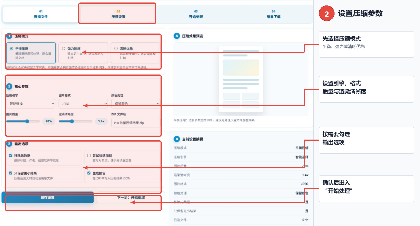 PDF批量压缩工具的压缩模式、核心参数和输出选项