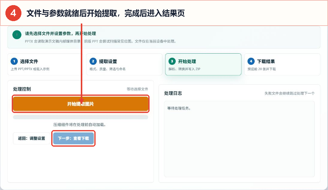PPT图片提取工具的开始提取按钮、处理进度、处理日志和结果入口