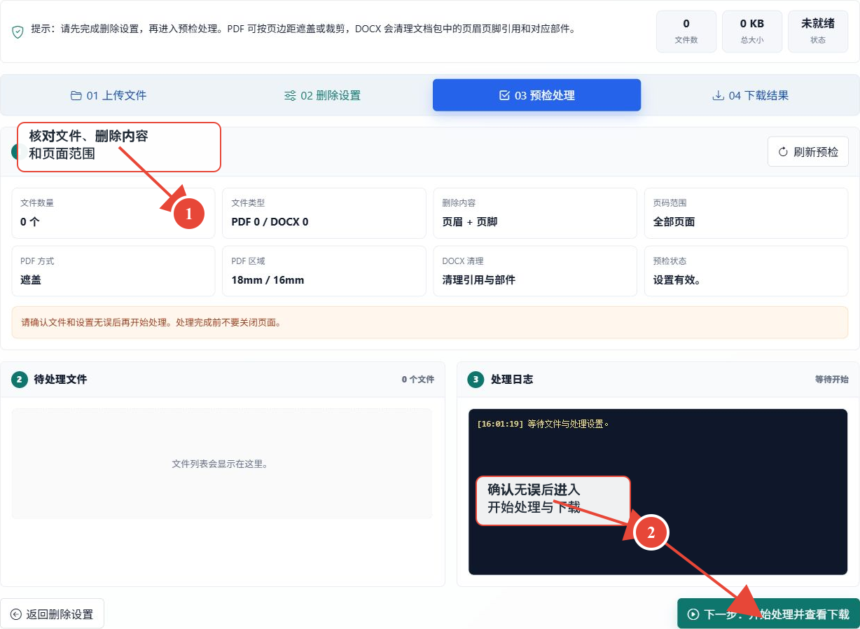 工具预检处理界面，红色编号 1 指向预检摘要，编号 2 指向开始处理按钮