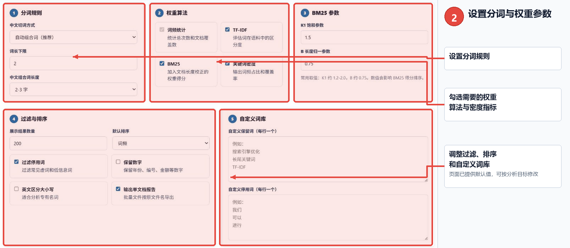 文档词频权重统计工具分词规则权重算法过滤排序和自定义词库设置界面标注
