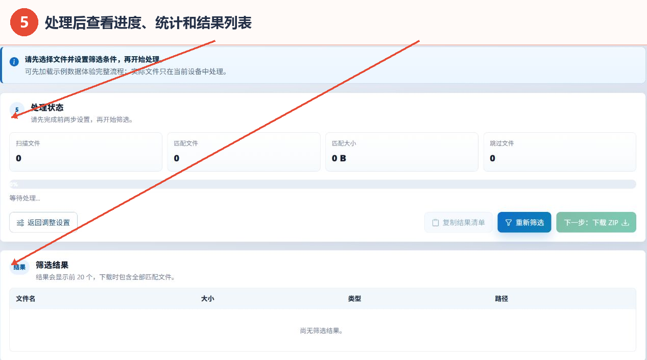 查看文件筛选处理状态统计和结果列表
