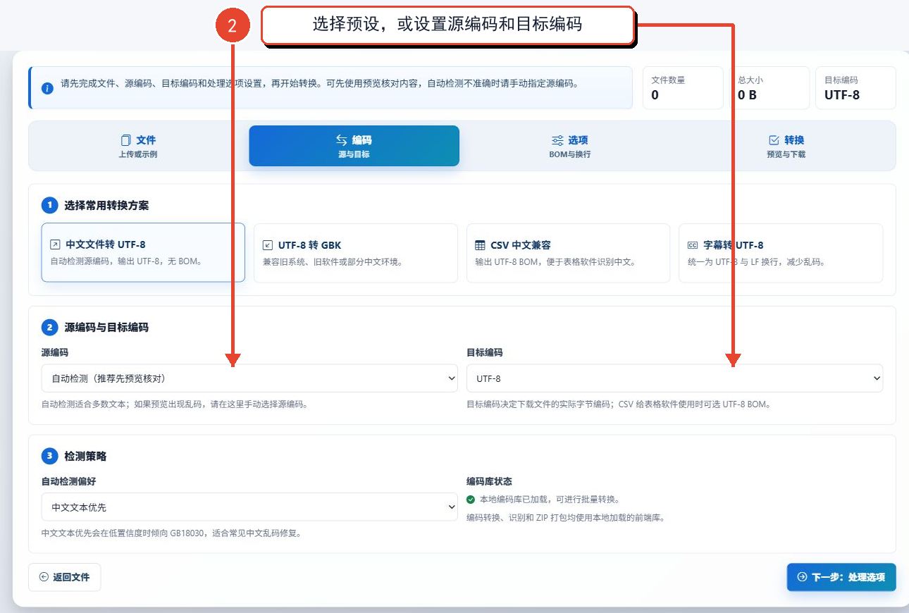 设置批量文件的源编码、目标编码和检测策略