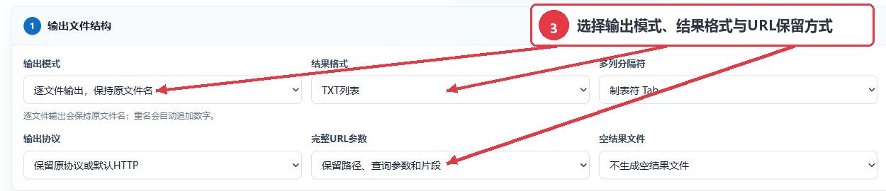 URL批量筛选处理工具的输出模式结果格式和URL参数设置