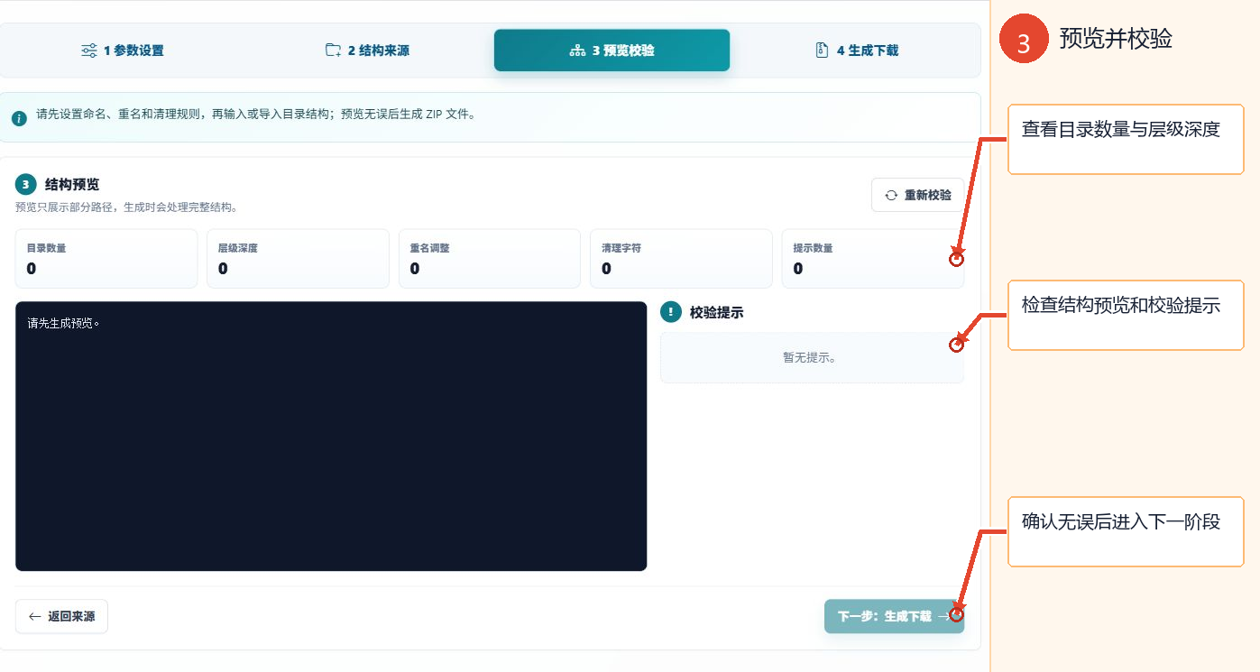 批量新建文件夹工具预览校验界面，标注统计信息、结构预览和校验提示