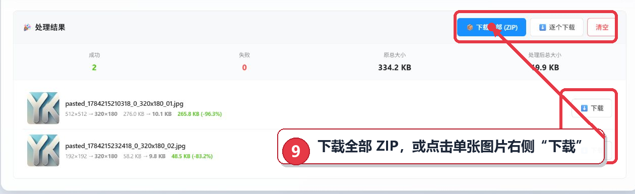 下载全部ZIP文件或单独下载处理后的图片