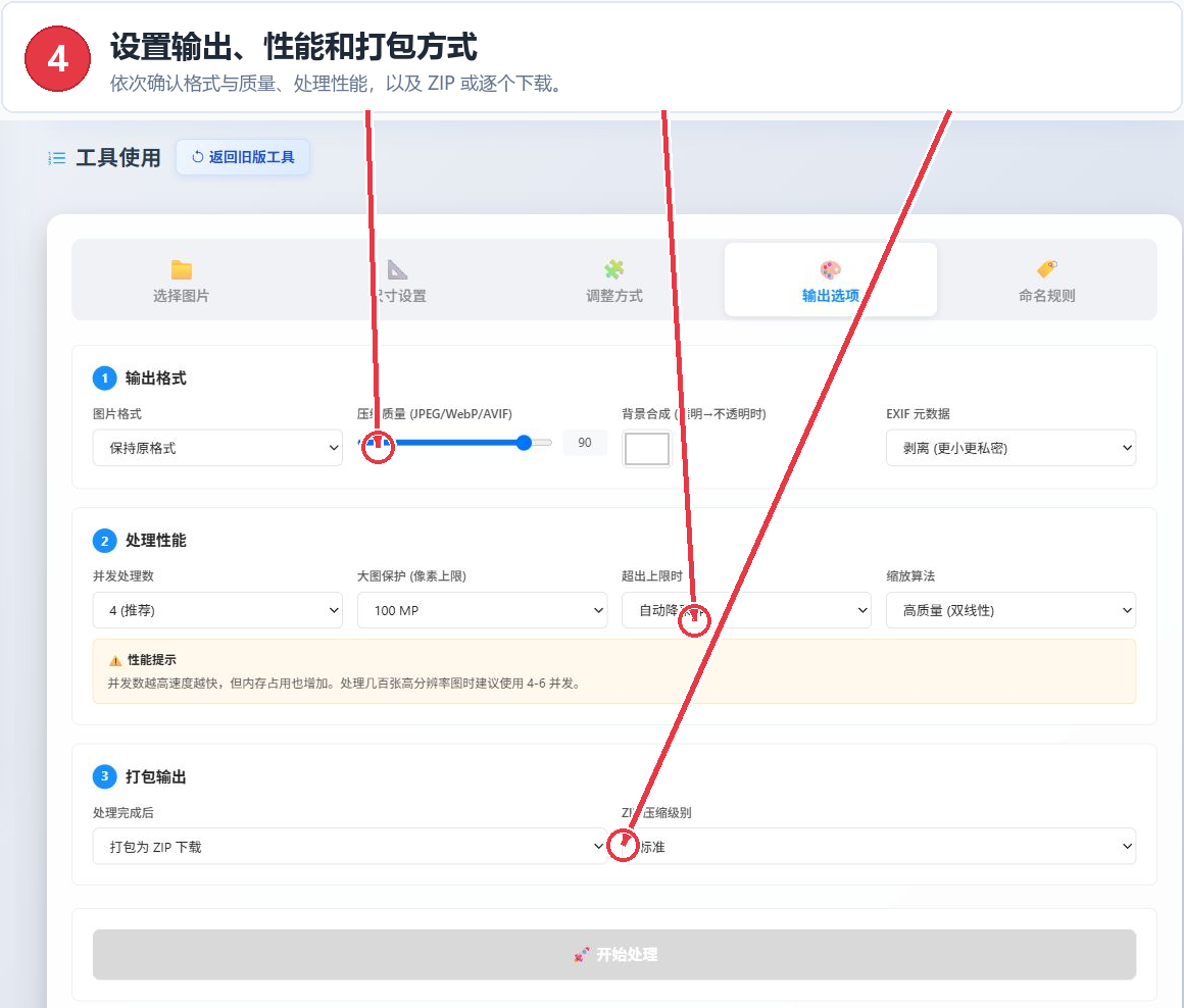 批量图片大小调整工具的输出格式、处理性能和ZIP打包选项