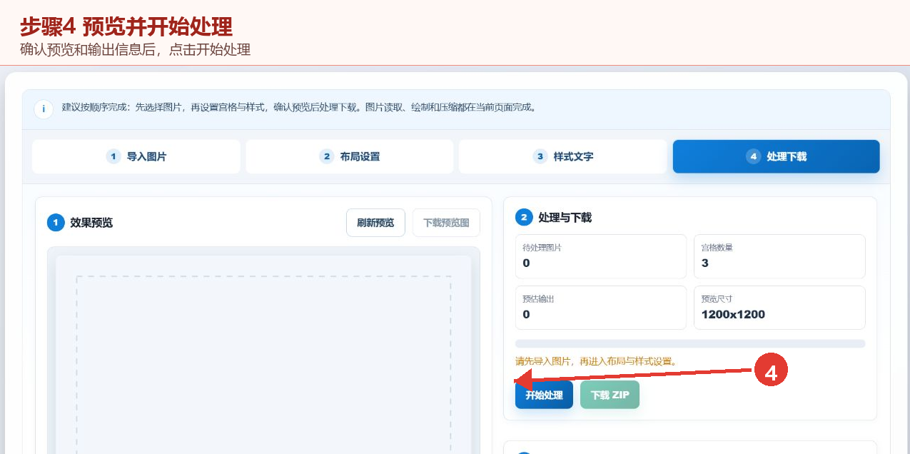 图片多宫格布局生成器的处理与保存区域，红色4号箭头指向开始处理按钮