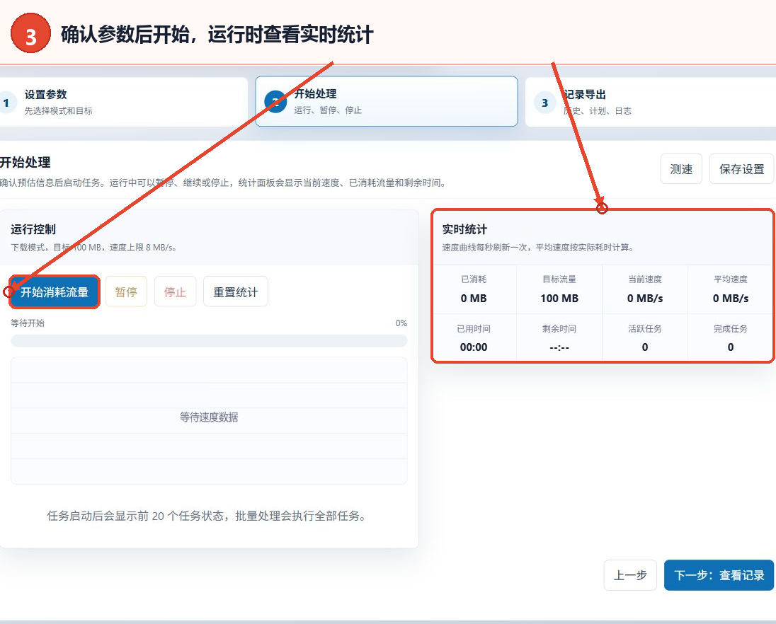 开始消耗流量按钮和实时统计面板