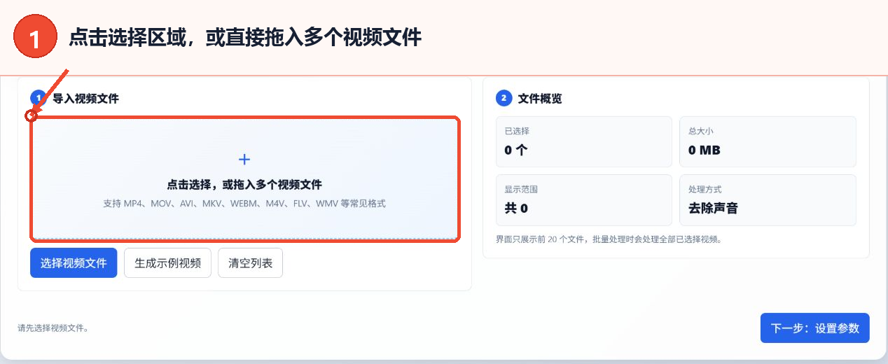 批量去除降低视频声音工具的视频导入区域和文件概览