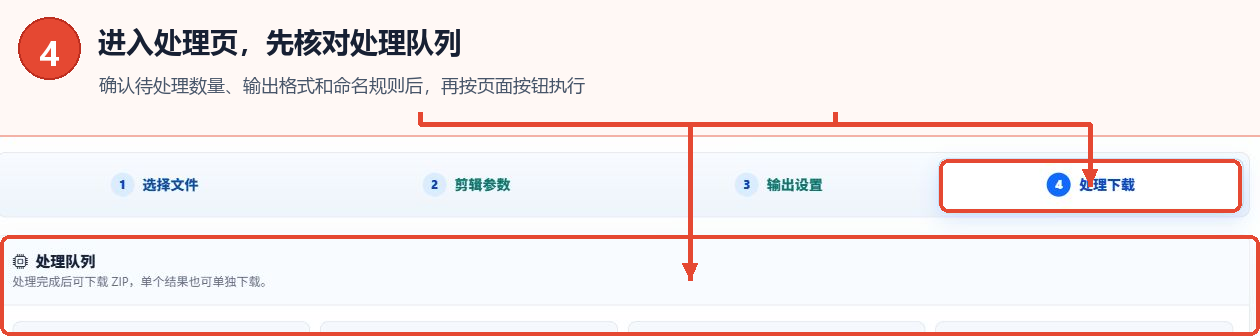 视频批量去头去尾工具的第4个流程页和处理队列区域