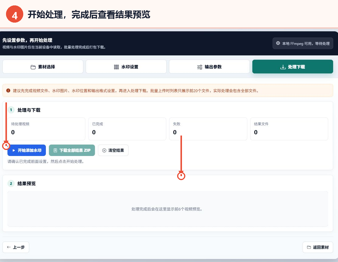 视频加图片水印工具的开始处理按钮、任务统计和结果预览区域